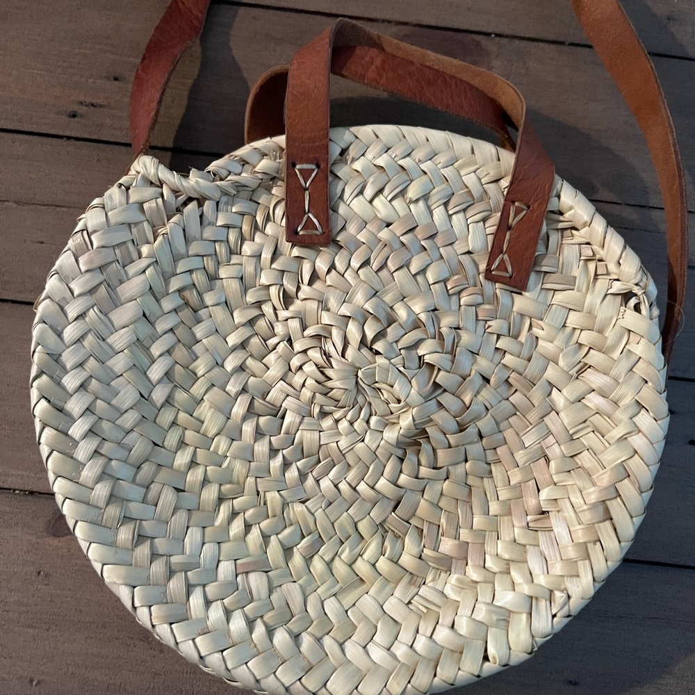 Wicker and faux leather circle basket bag purse with short handles & long strap
